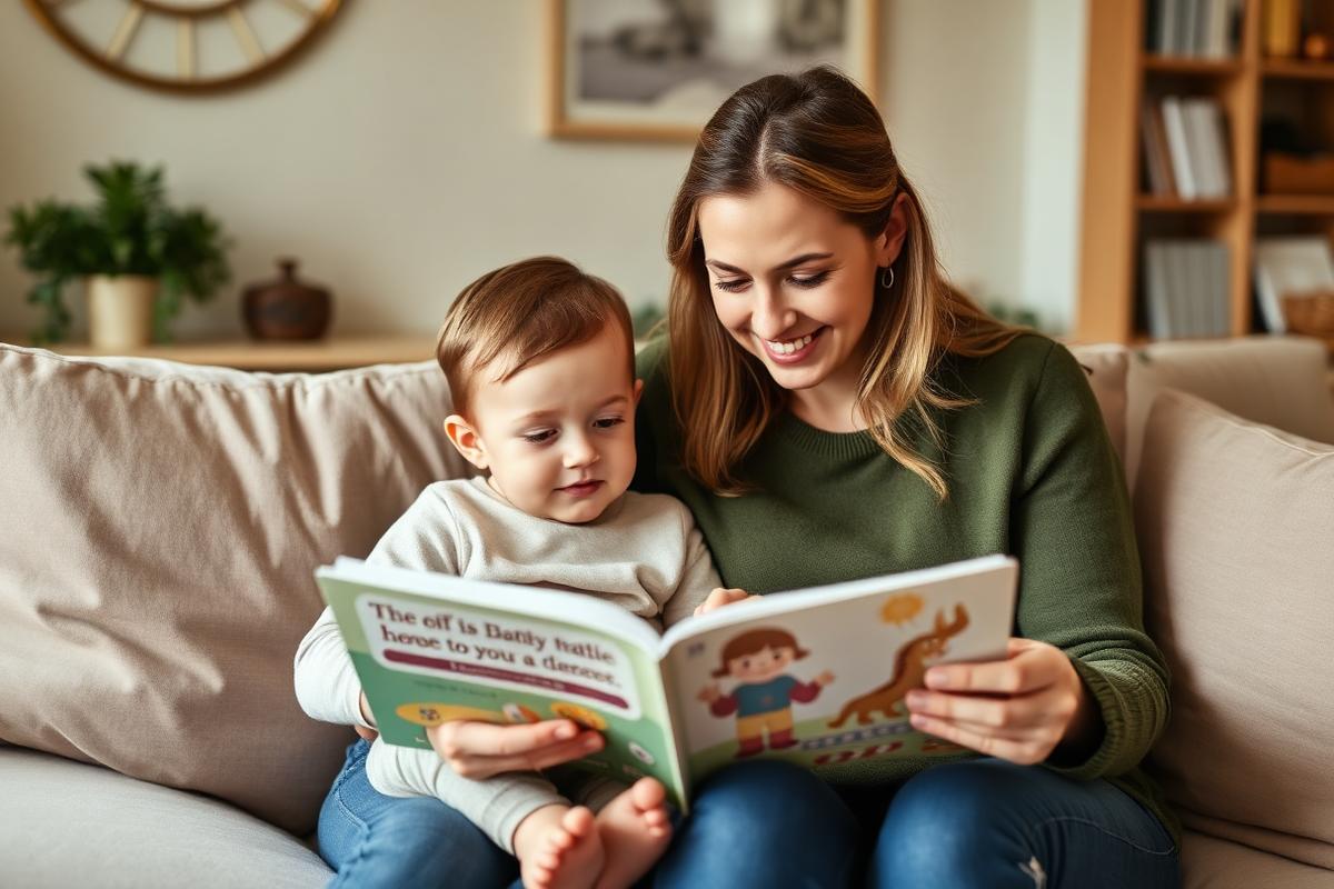 Childminder reading a picture book with a young child on a sofa at home