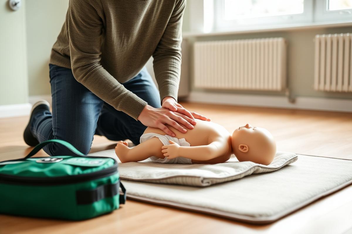 Adult learner practising paediatric first aid on an infant training manikin with a first aid kit alongside
